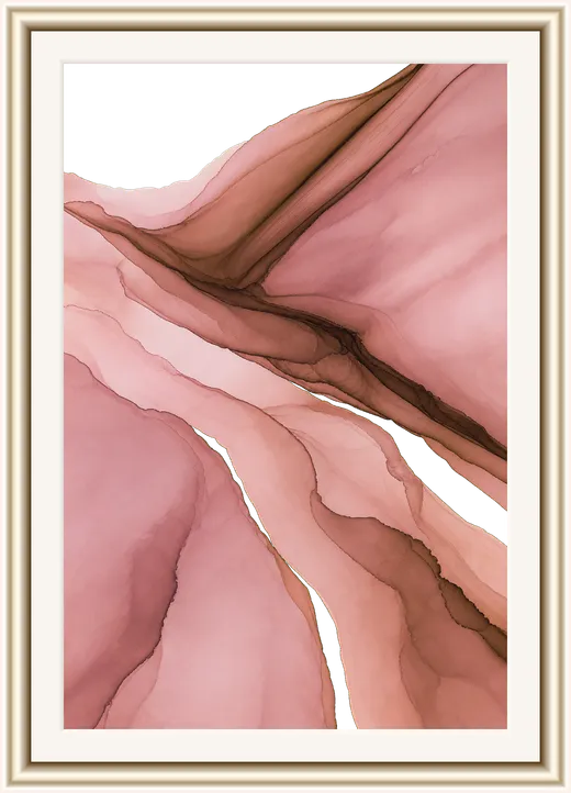 Dusty rose Dayprint: muted pink and clay ink washes in a light oak frame.