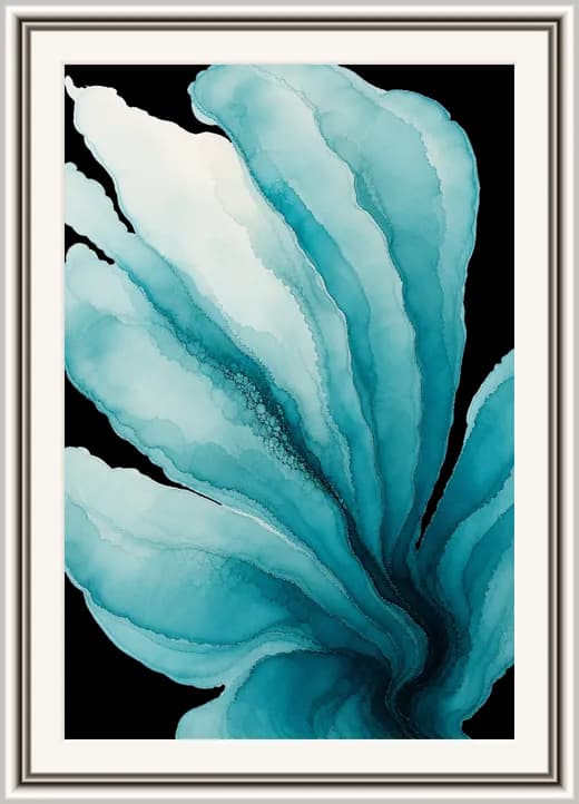 Mineral teal Dayprint: blue-green ink washes in a light oak frame.