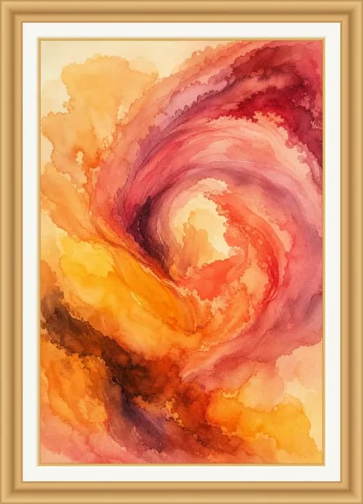 Bloom tier Dayprint with warm coral and amber forms in a honey-gold frame.