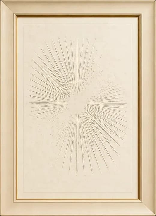 Radiance tier Dayprint in a matte champagne-gold frame, with its artwork intentionally concealed behind warm ivory vellum and a subtle sun emblem.