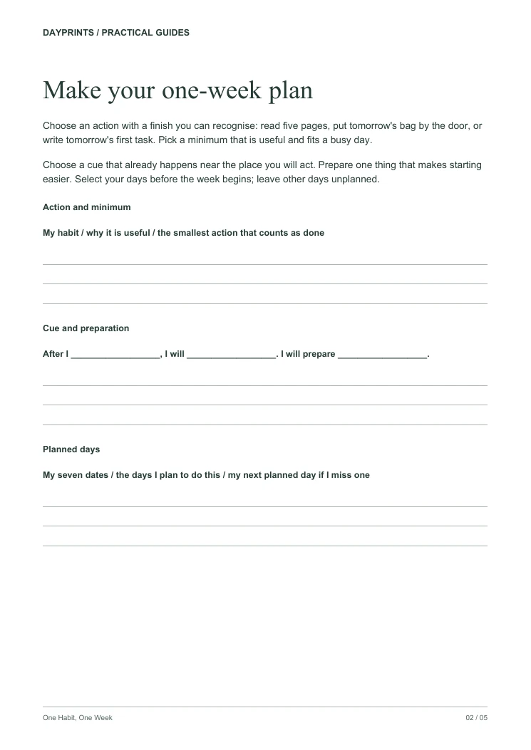 Habit planning worksheet with space for a minimum action, cue, preparation and planned days.