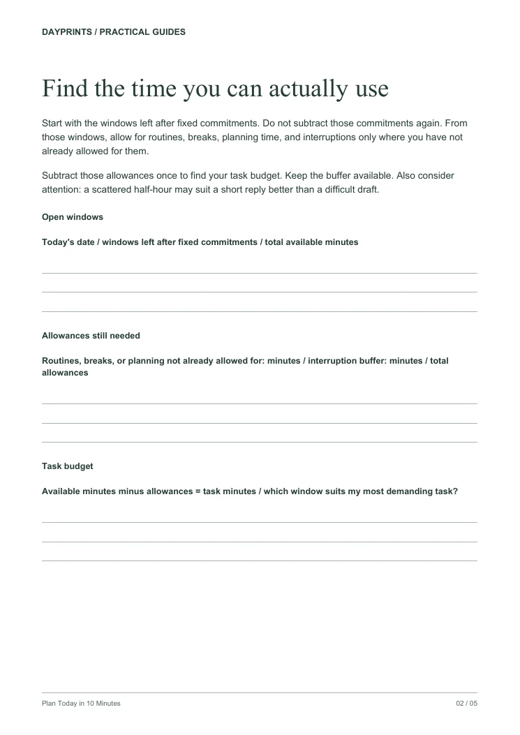 Daily capacity worksheet with space for fixed commitments, available time and a buffer.