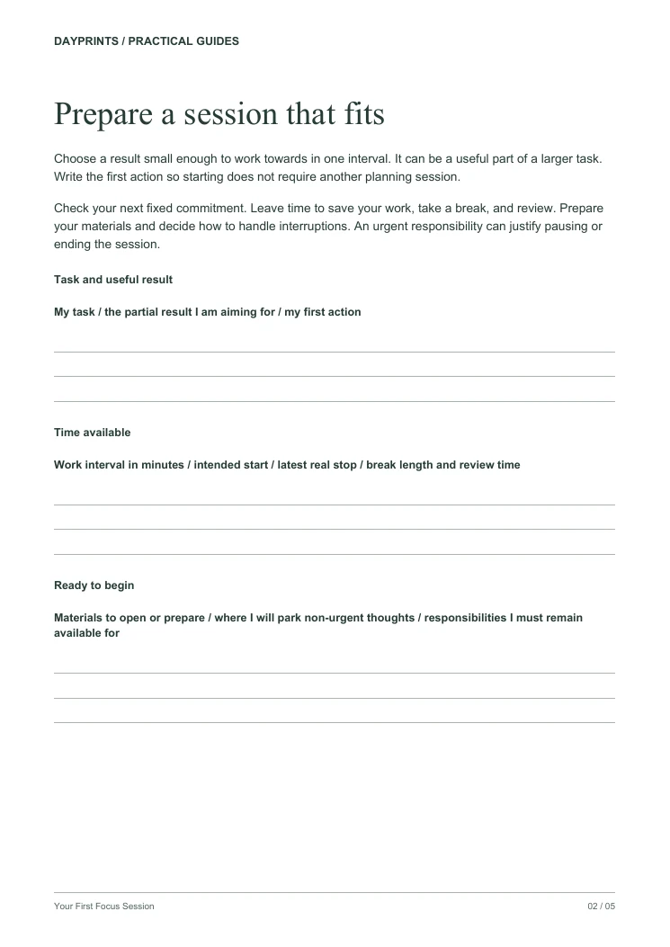 Focus session preparation worksheet for a task, useful result, time boundary, materials and interruption plan.