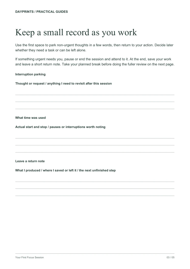 Focus session record with writing space for interruptions, decisions and a brief note for returning to the task.