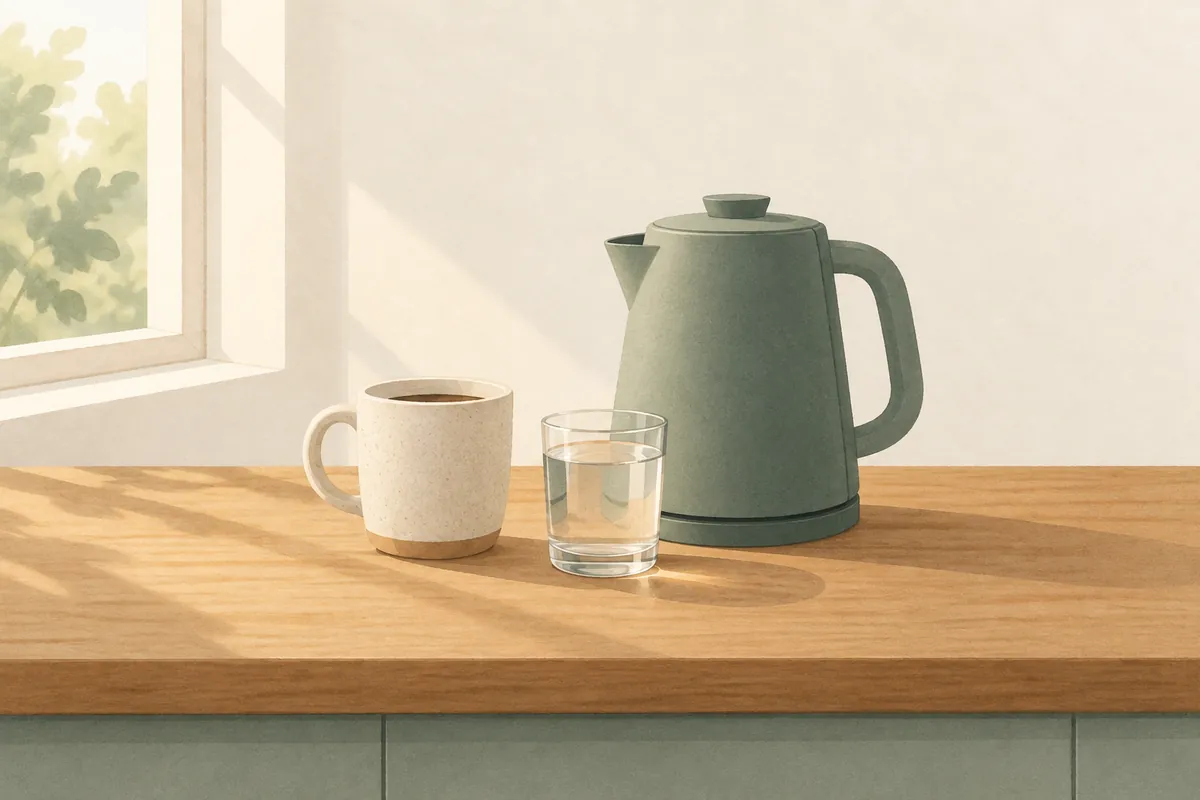 Illustration of a kettle and a mug on a kitchen counter, with a glass of water already set beside them