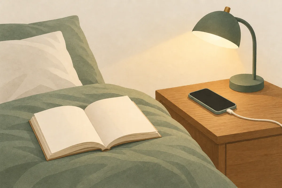 Illustration of a phone charging on a bedside table under a lamp, with an open book on the bed beside it
