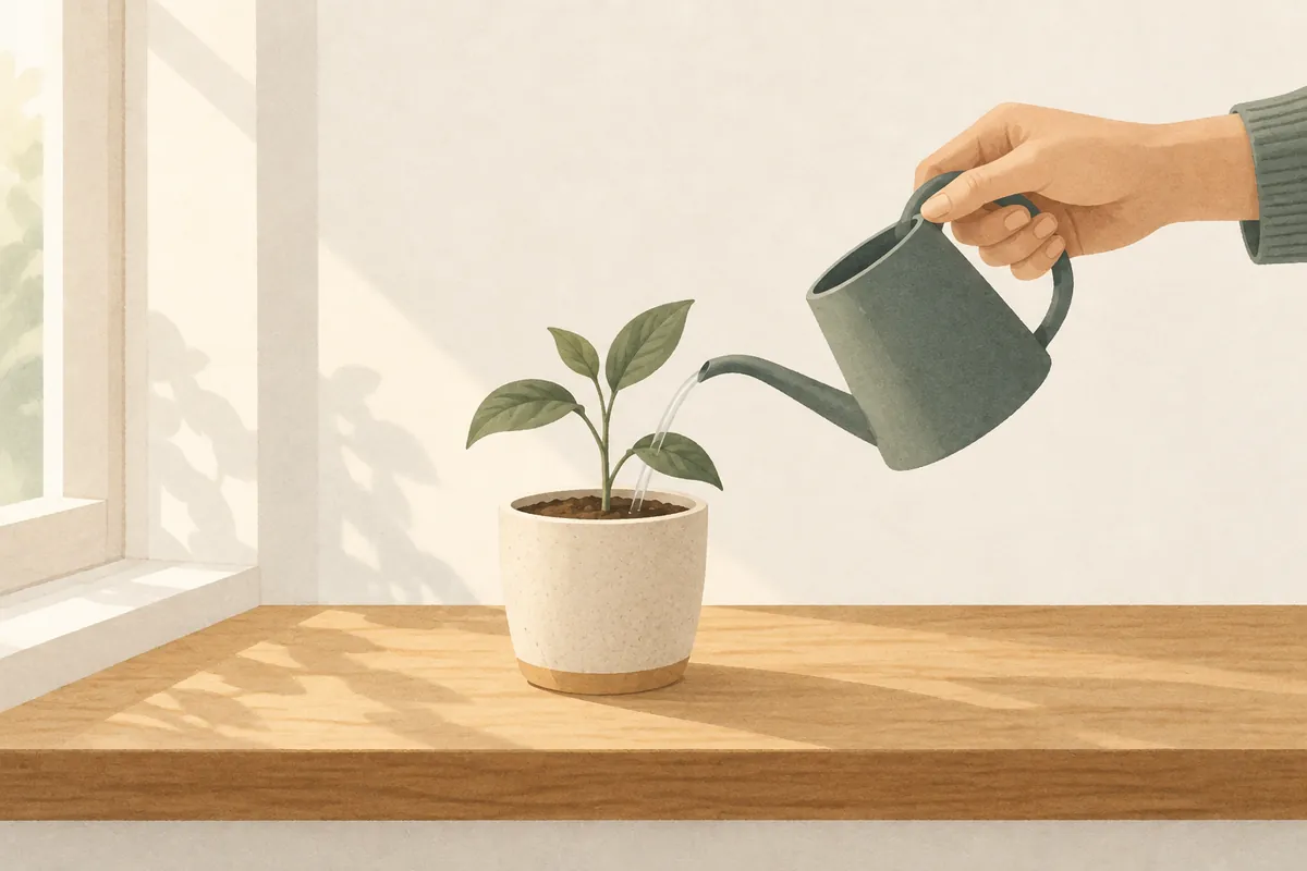 Illustration of a hand watering a small seedling in a pot on a windowsill