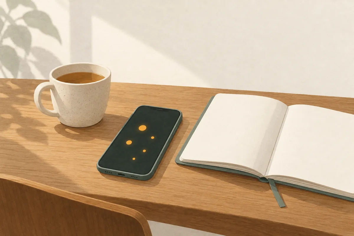 Illustration of a phone on a desk lit with notification dots, beside a calm open notebook and a cup of tea