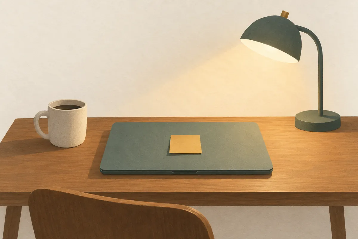 Illustration of a desk in the evening with a closed laptop, a blank sticky note on its lid and a desk lamp still glowing