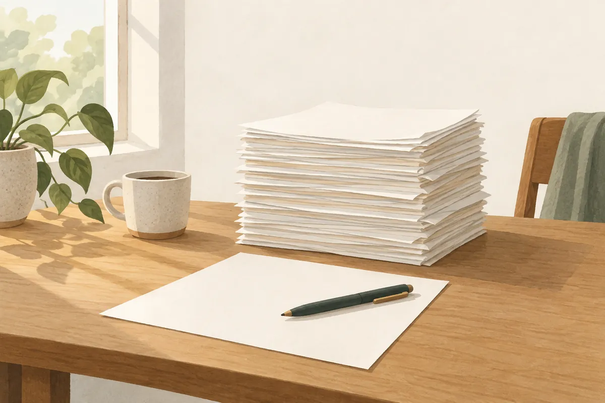 Illustration of a tall stack of papers on a desk, with one sheet pulled out in front and a pen resting on it, ready to begin