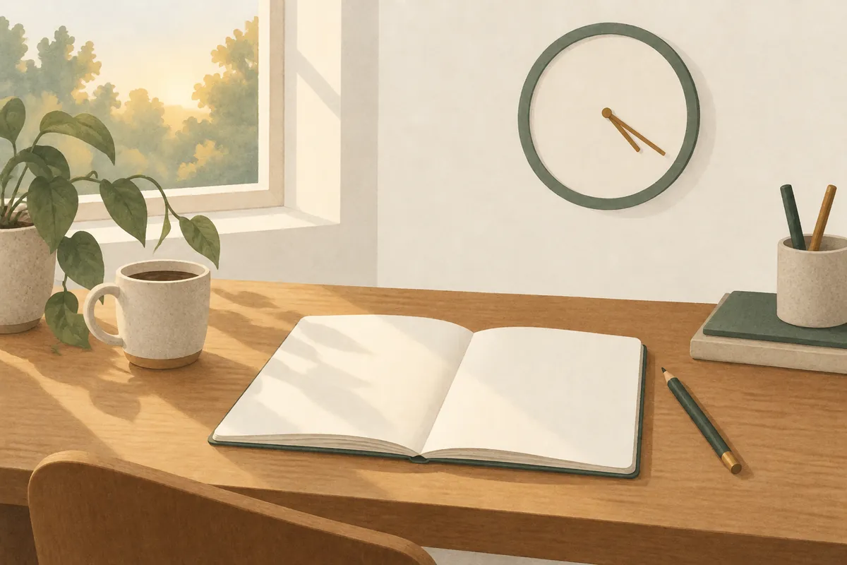 Illustration of a wall clock beside a window, with afternoon light falling on an open notebook and a pencil