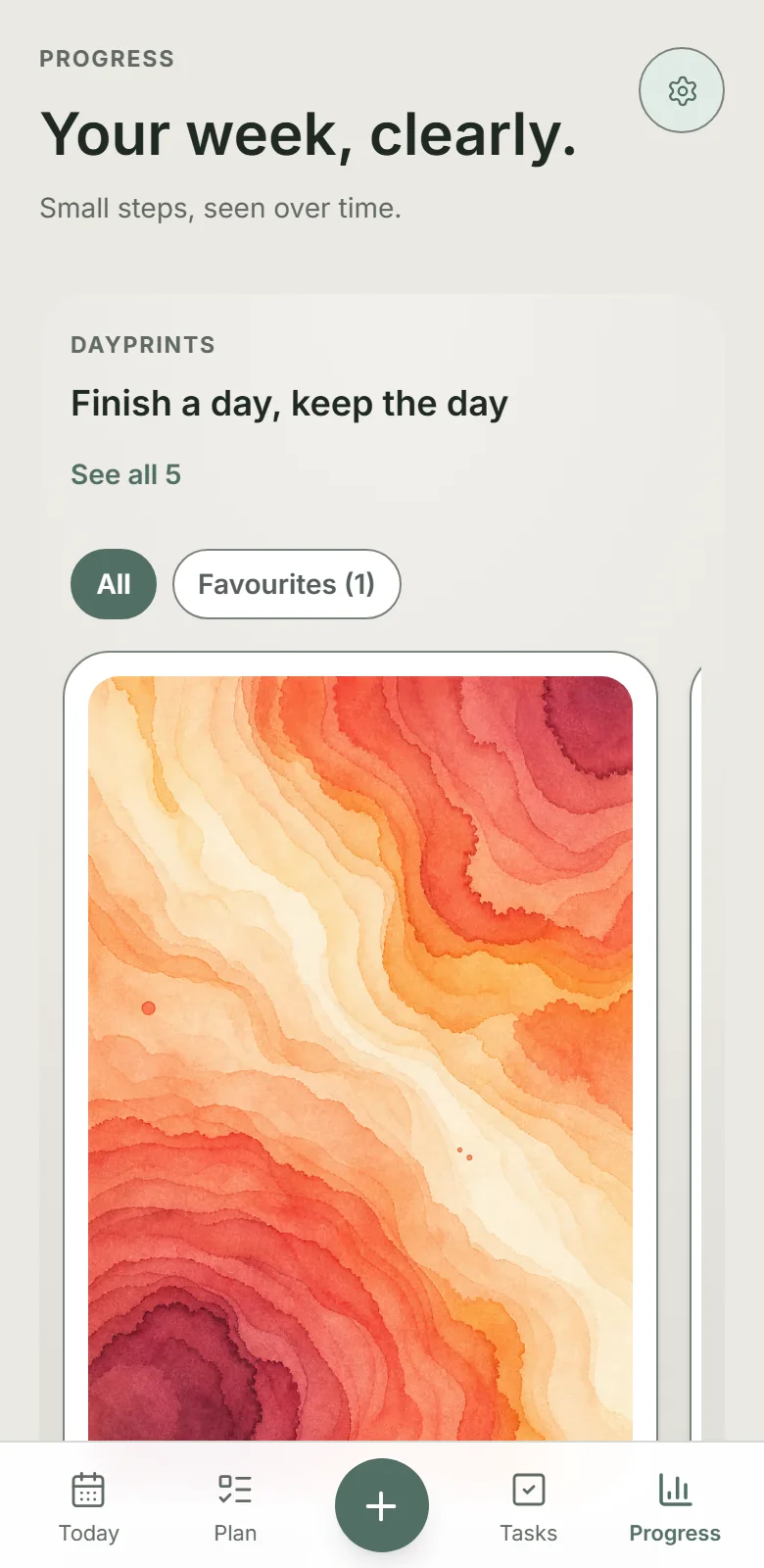 Progress showing the Dayprints shelf, See all 5, All and Favourites filters with one favourite, and a framed orange and red artwork