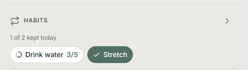 Habits on Today with Drink water at 3 of 5, Stretch checked complete, and one of two habits kept today