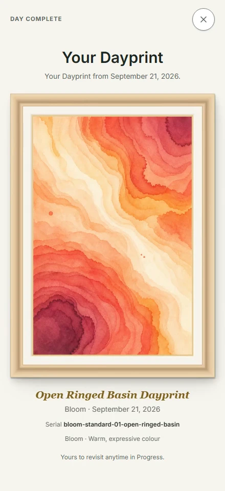 A completed day becomes a framed Dayprint.